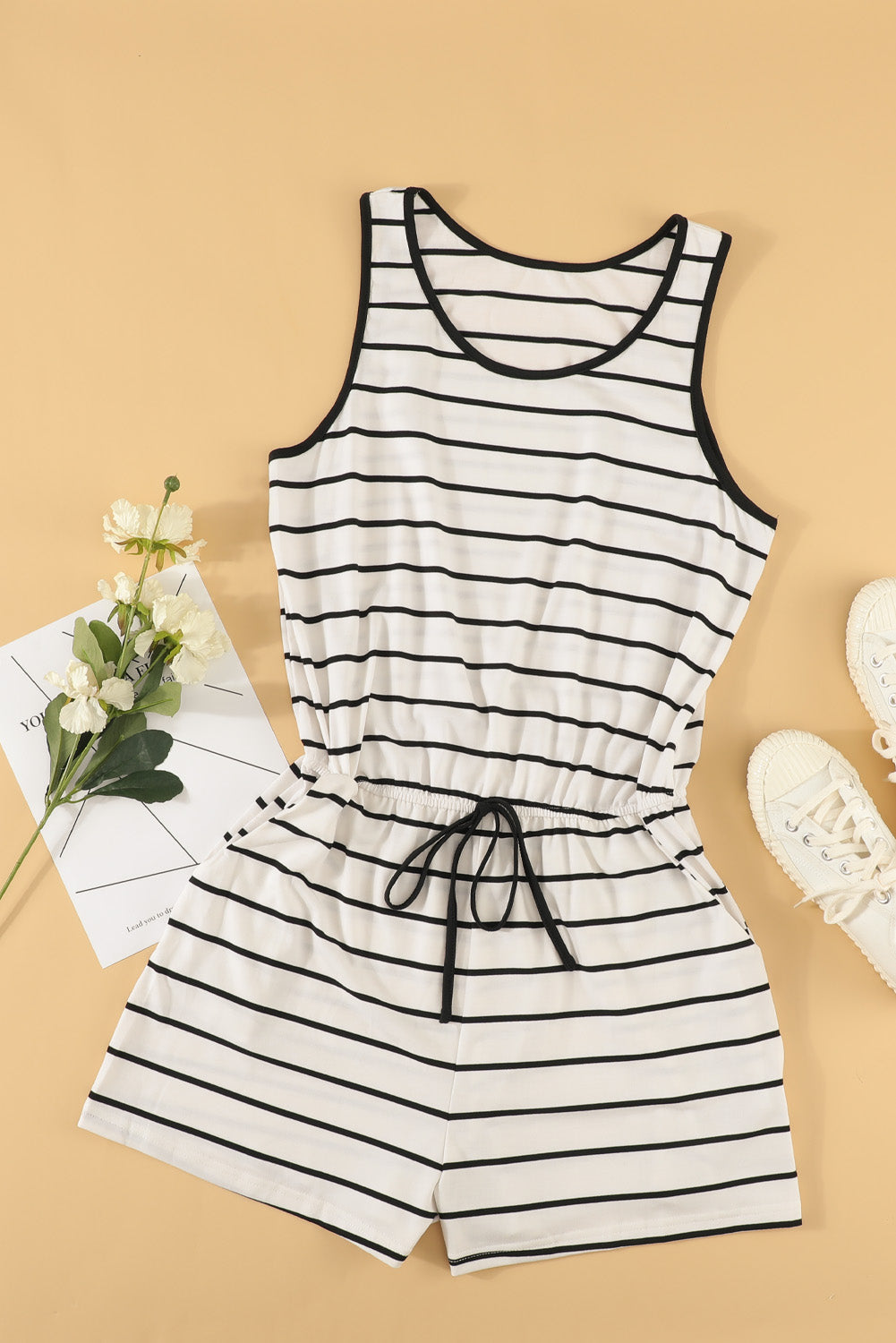 Women's Whit Black Striped Sleeveless Lounging Romper
