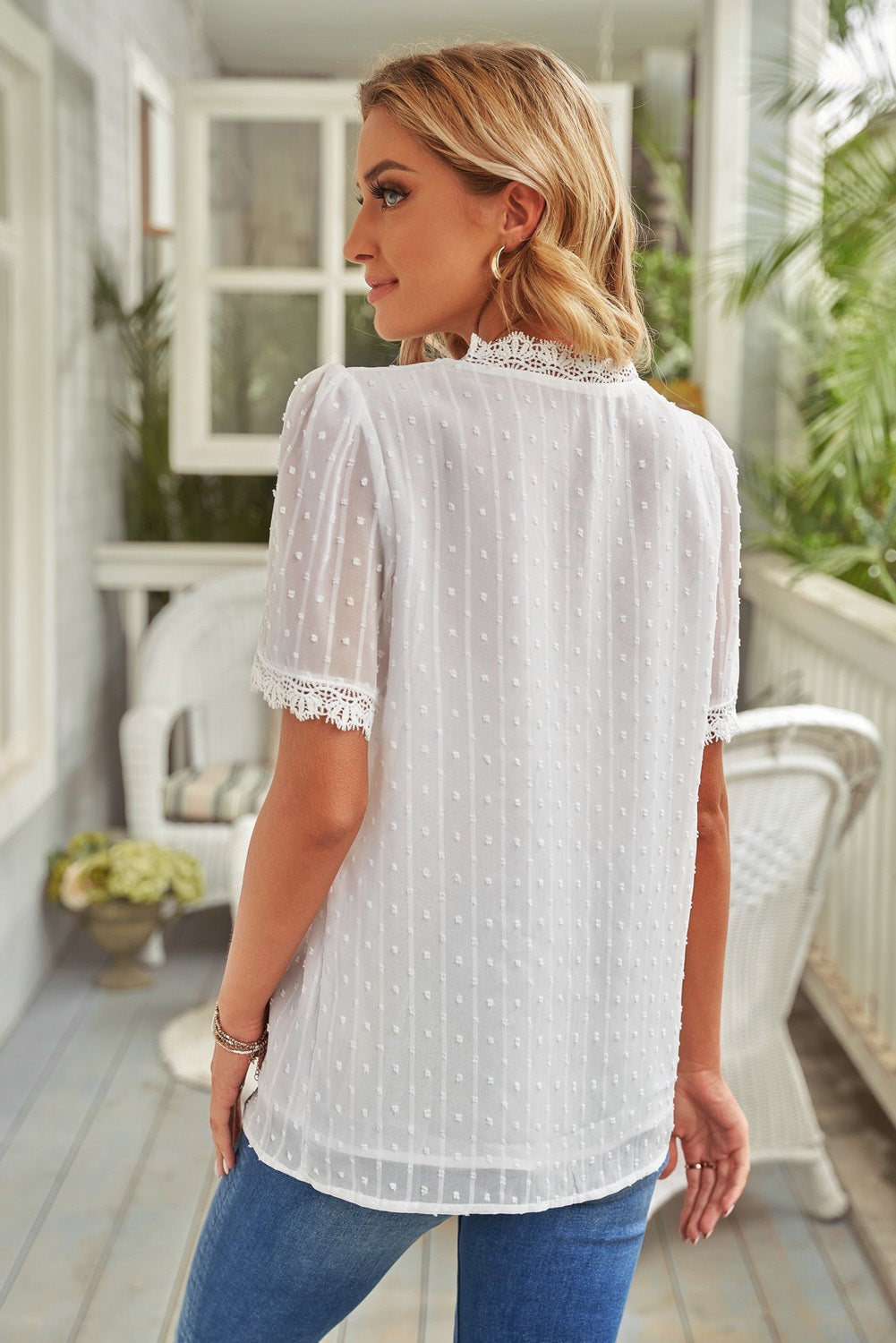 Women's Blouse Featuring White Lace-Trimmed Splicing V Neck Swiss Dot Short-Sleeve