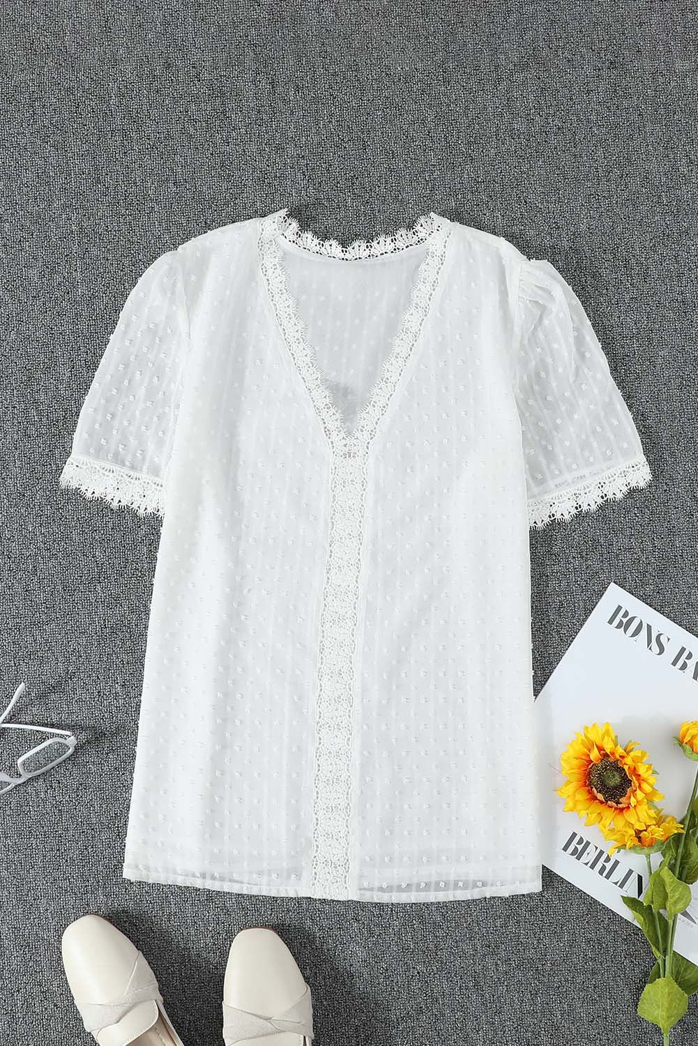 Women's Blouse Featuring White Lace-Trimmed Splicing V Neck Swiss Dot Short-Sleeve