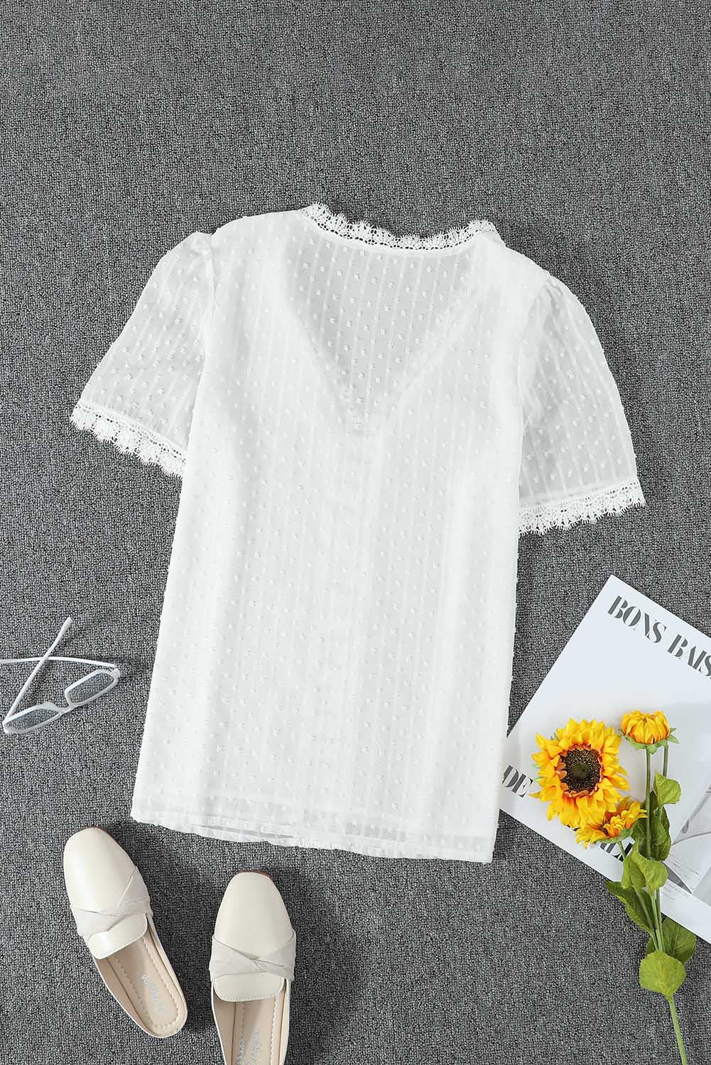 Women's Blouse Featuring White Lace-Trimmed Splicing V Neck Swiss Dot Short-Sleeve