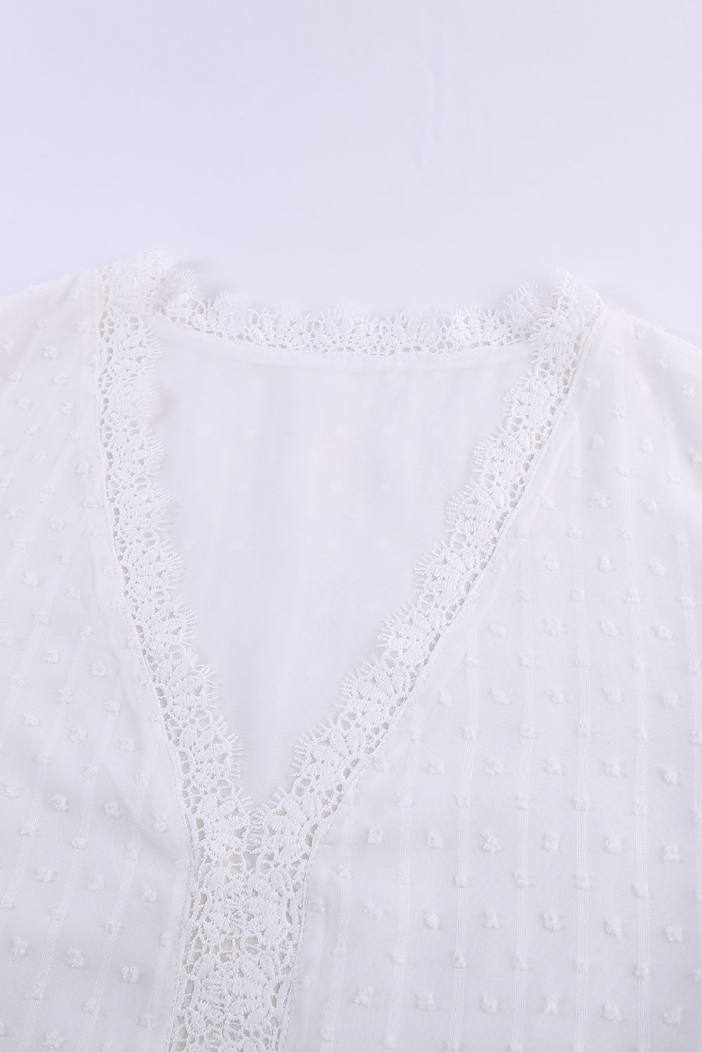 Women's Blouse Featuring White Lace-Trimmed Splicing V Neck Swiss Dot Short-Sleeve