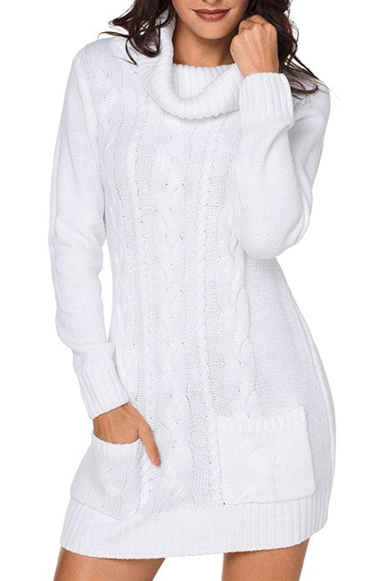 Women's White Cowl Neck Pocket Cable Knitted Sweater Dress