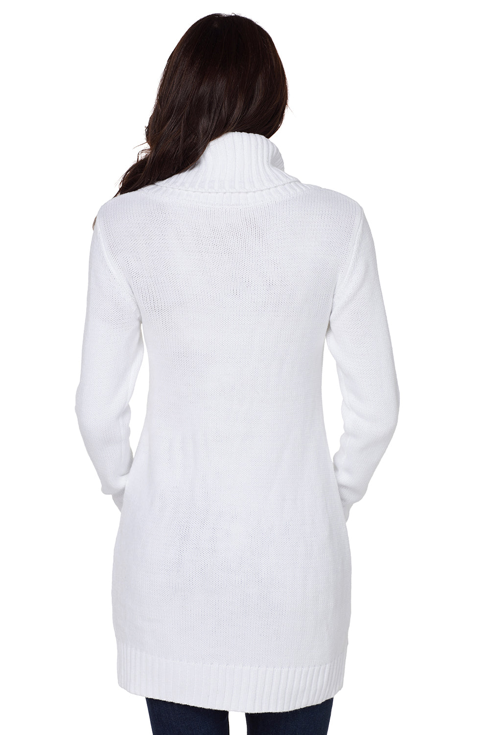 Women's White Cowl Neck Pocket Cable Knitted Sweater Dress