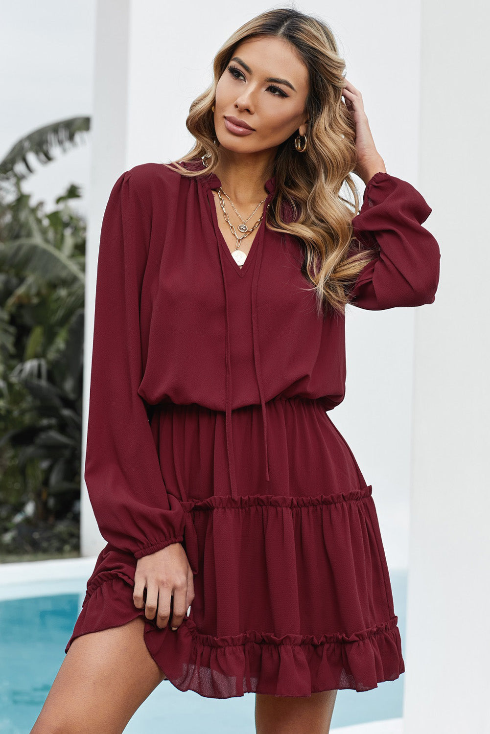Women's Mini Dress with Wine V Neck Long-Sleeve Ruffle-Trimmed Layered