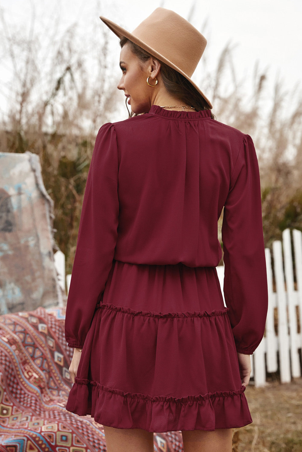 Women's Mini Dress with Wine V Neck Long-Sleeve Ruffle-Trimmed Layered
