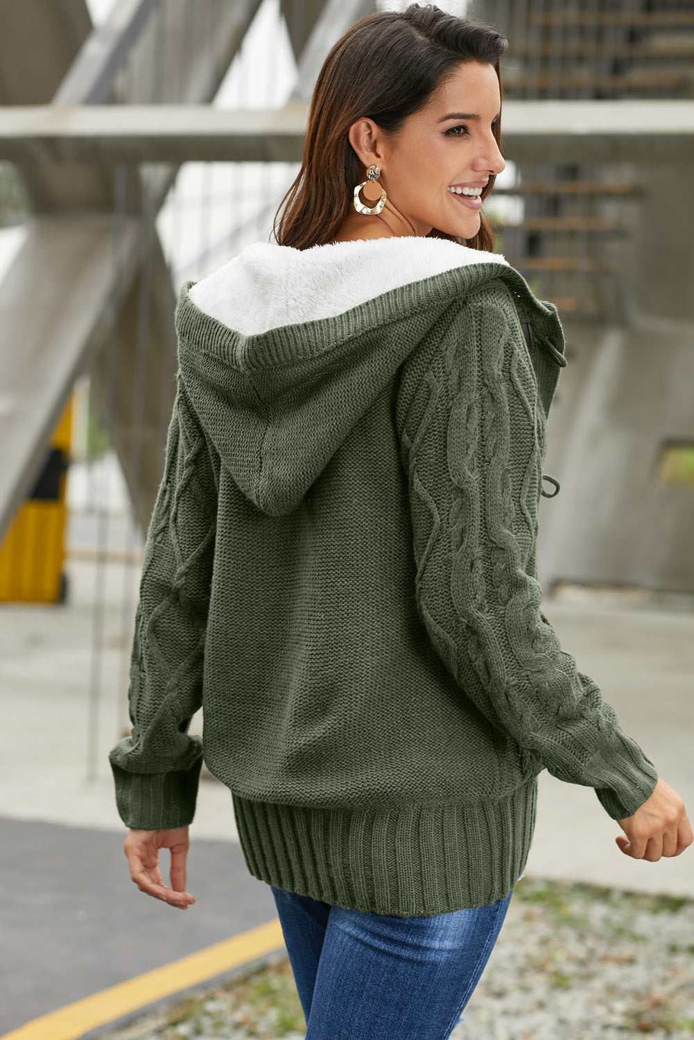 Women's Cardigan Featuring Winter Army Green Fur Hood Horn Button Sweater