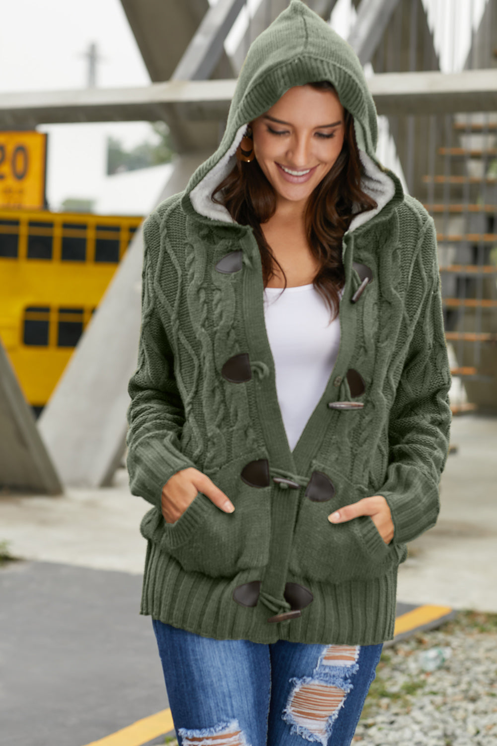 Women's Cardigan Featuring Winter Army Green Fur Hood Horn Button Sweater