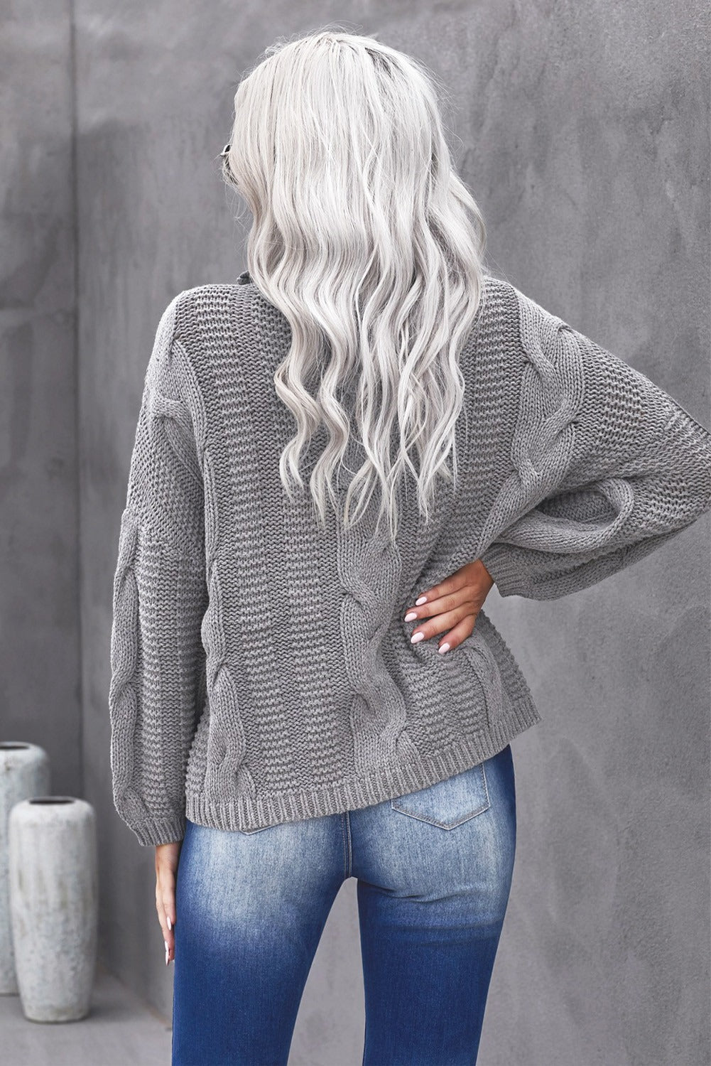Women's Sweater Featuring Textured Winter Gray Oversize Turtleneck