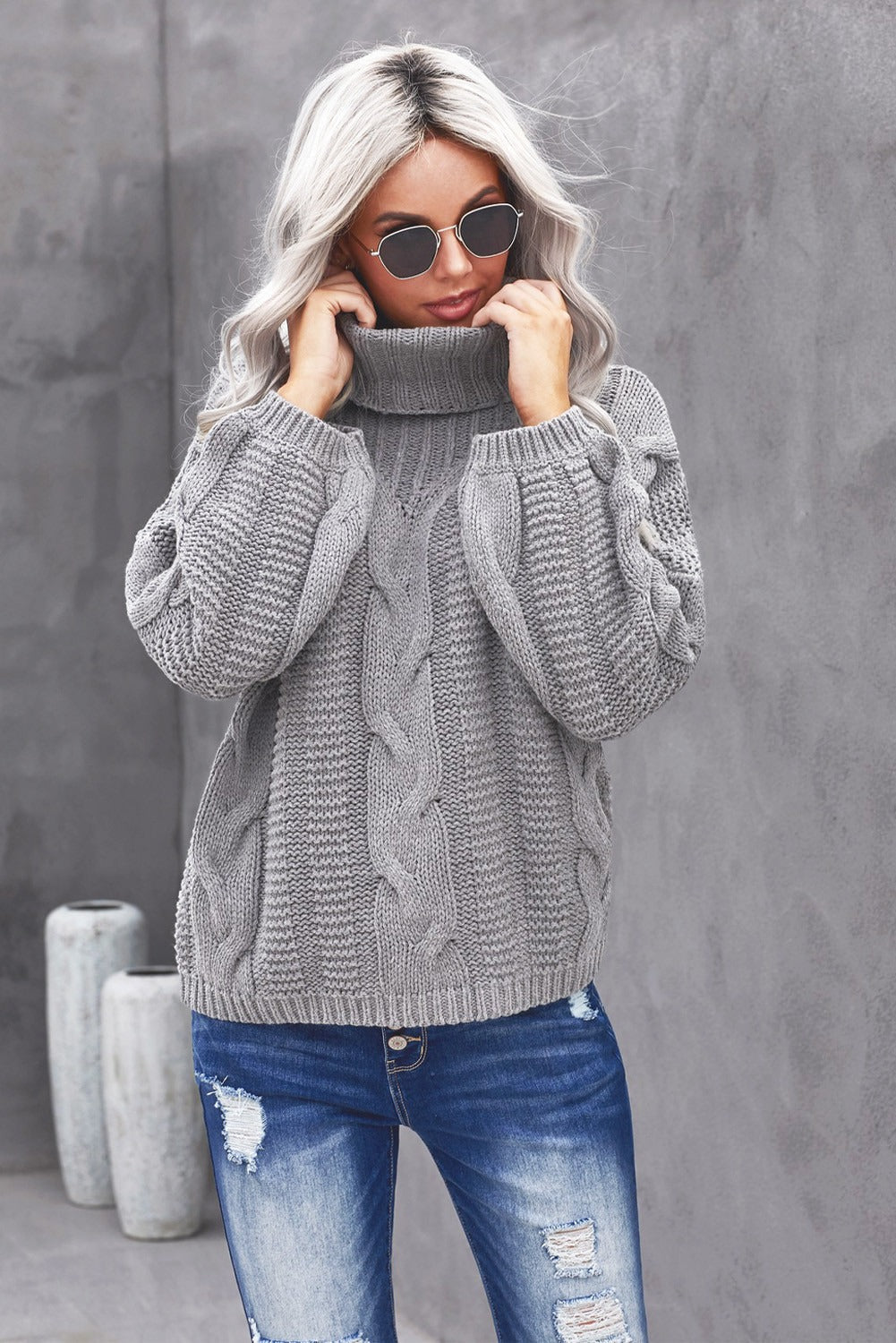 Women's Sweater Featuring Textured Winter Gray Oversize Turtleneck