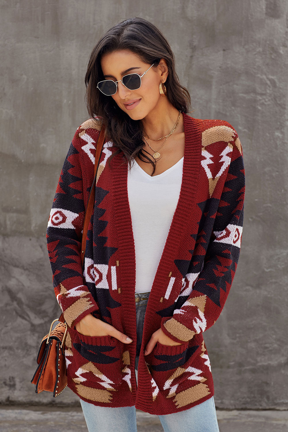Women's Winter Red Moraga Pocket-Detail Aztec Cardigan
