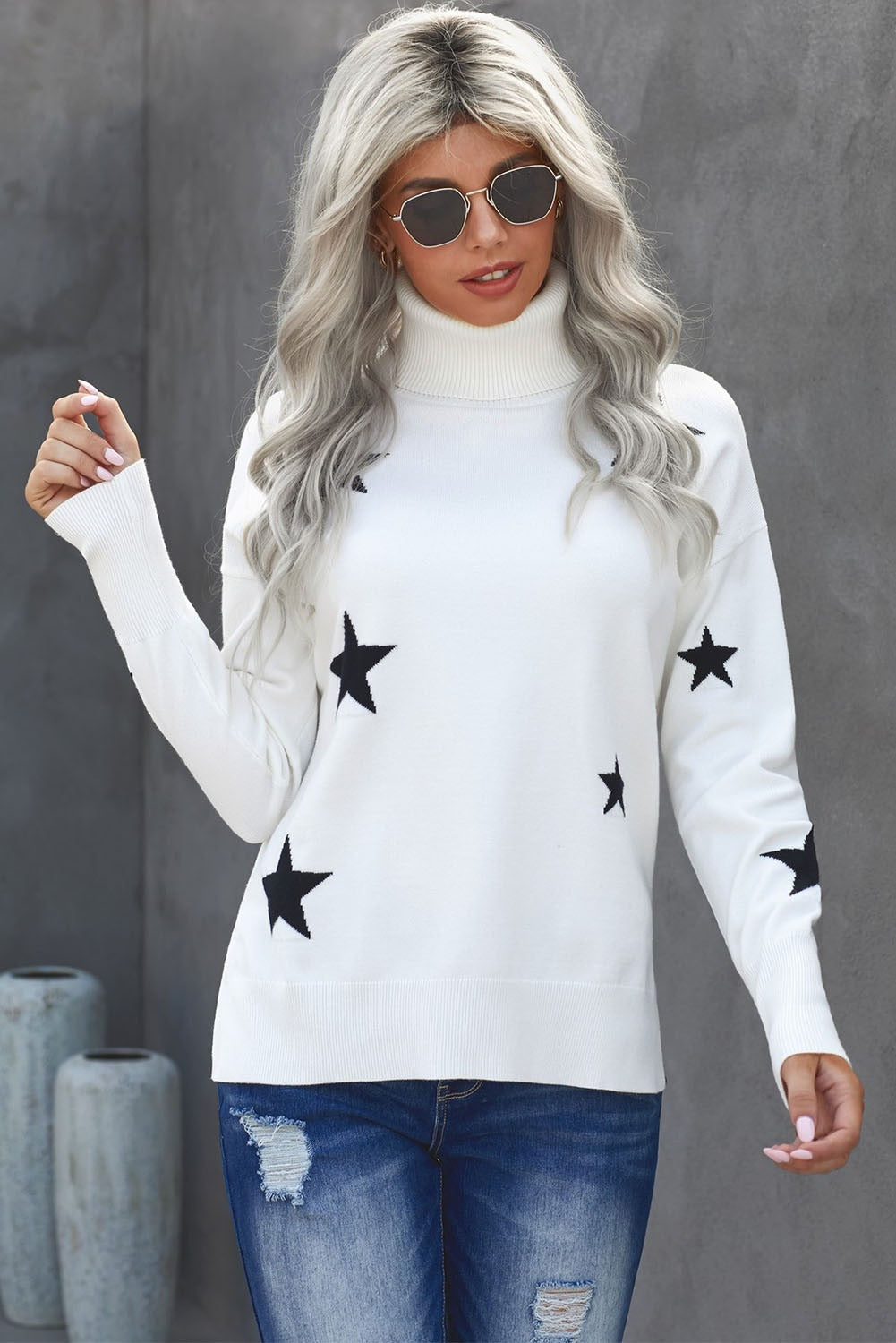 Women's Sweater with Star Print Turtleneck