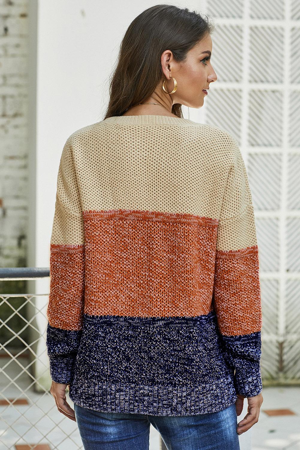 Women's Winter Brown Color-Block Netted Texture Pullover Sweater