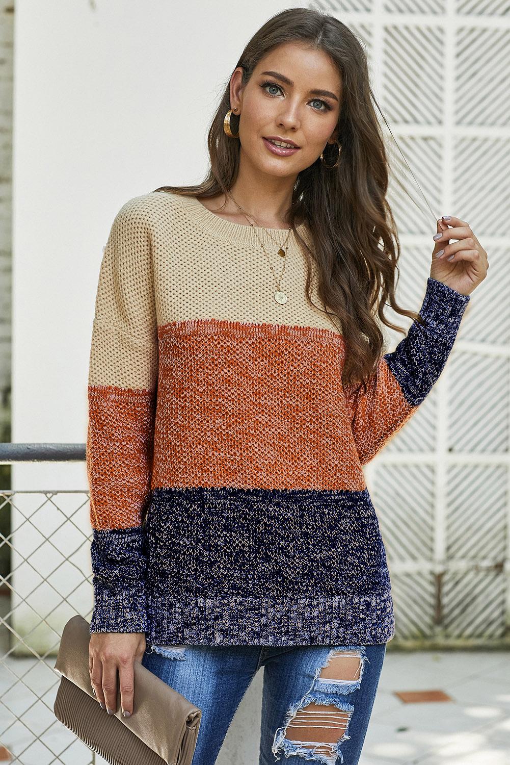 Women's Winter Brown Color-Block Netted Texture Pullover Sweater