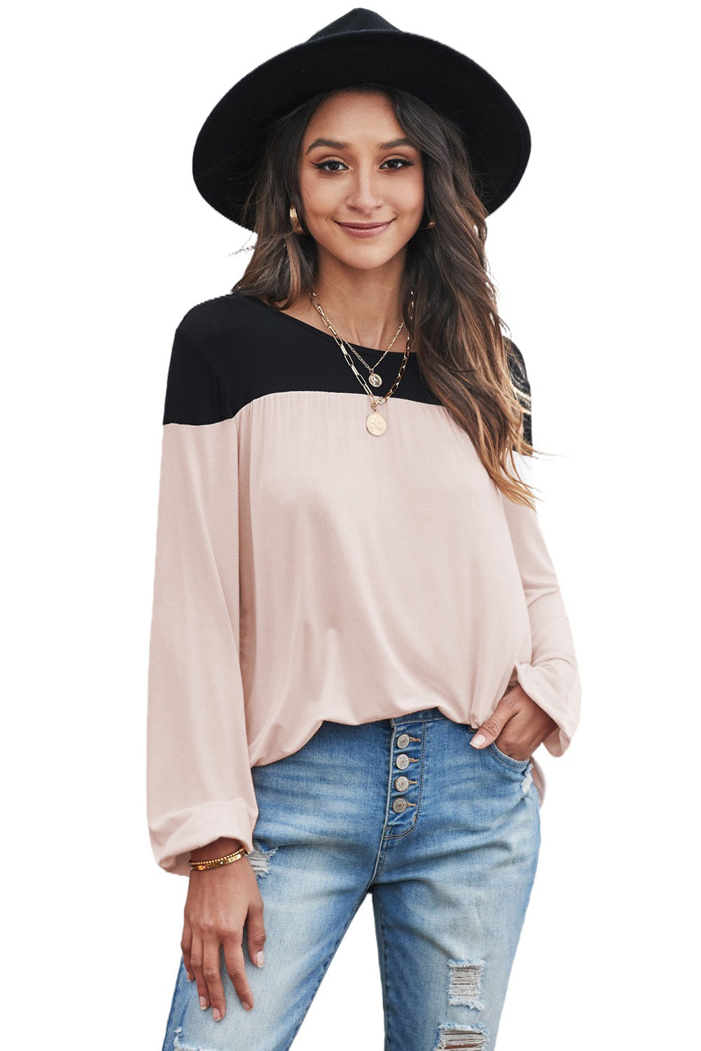 Women's Long-Sleeve Color-Block Tunic Women Apricot Round Neck Top
