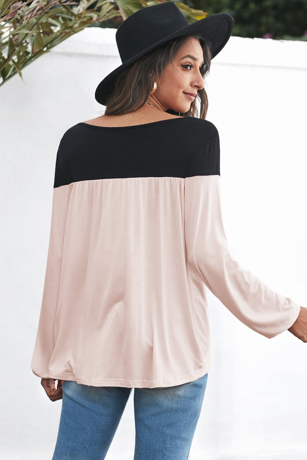 Women's Long-Sleeve Color-Block Tunic Women Apricot Round Neck Top