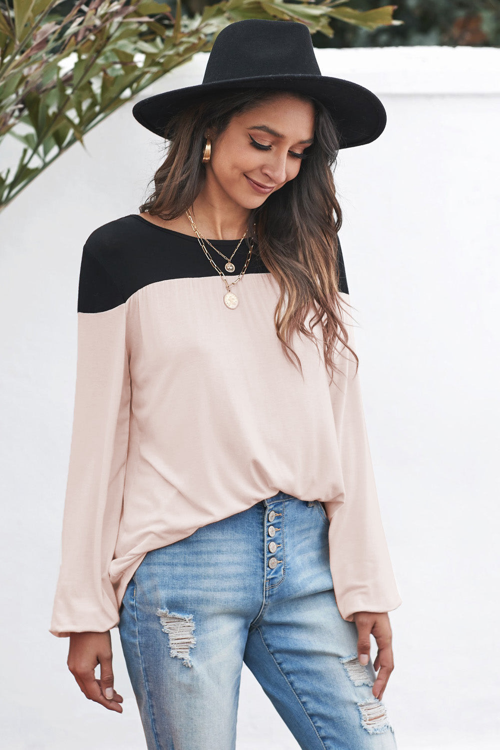 Women's Long-Sleeve Color-Block Tunic Women Apricot Round Neck Top