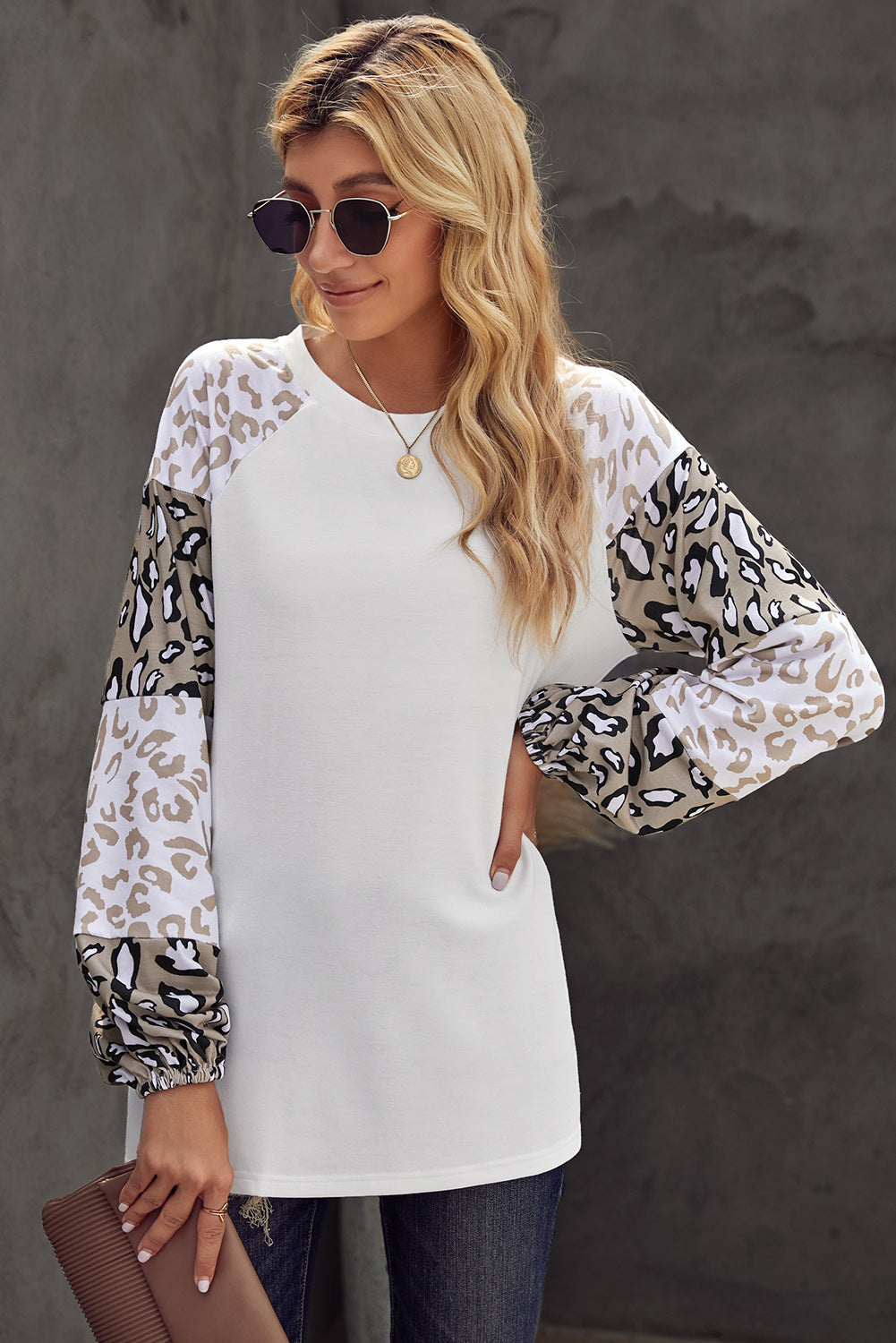 Women's Women Beige Leopard-Print Print Bubble Sleeve Top