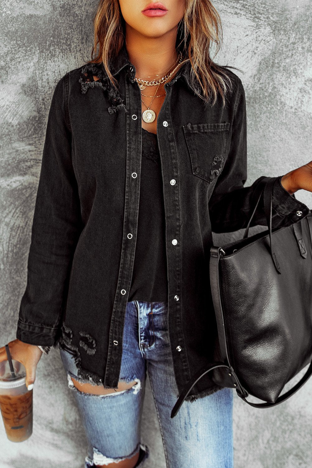 Denim Jacket for Women Black Ripped