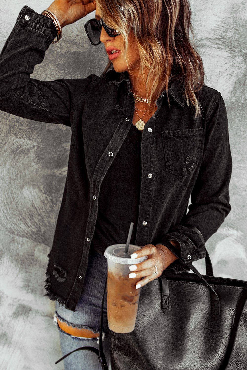 Denim Jacket for Women Black Ripped