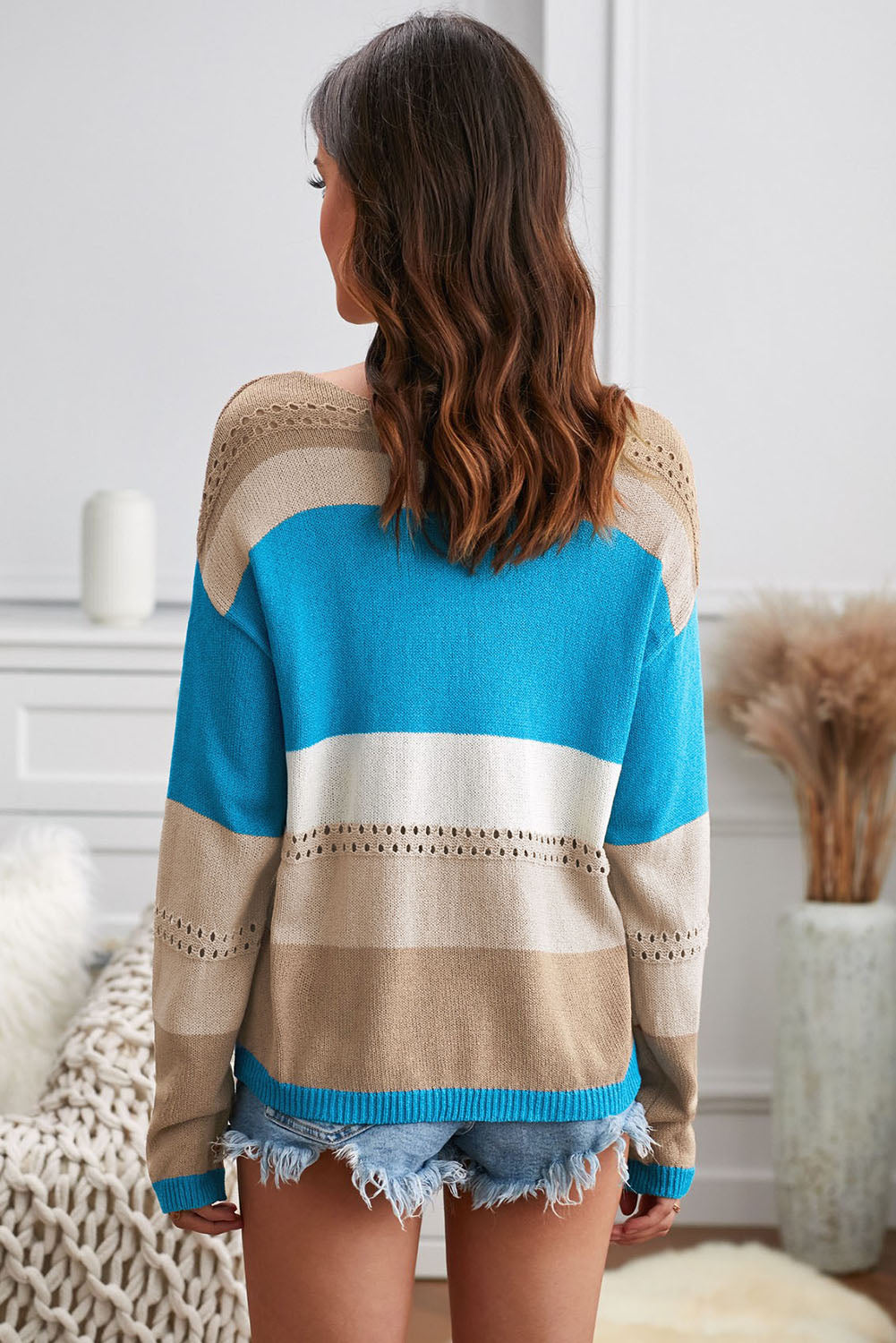 Women's Sweater with Women Sky Blue V Neck Color-Block Hollow-out Knitted