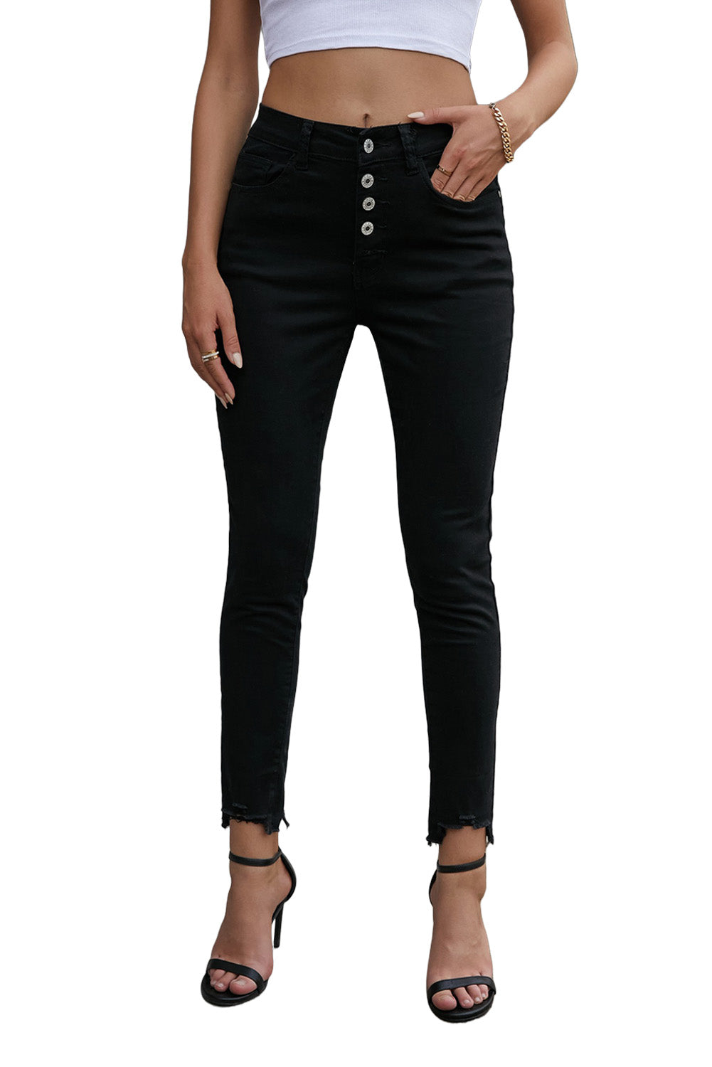 Jeans for Women Plain High-Rise Buttons Frayed Cropped Denim Women's Black