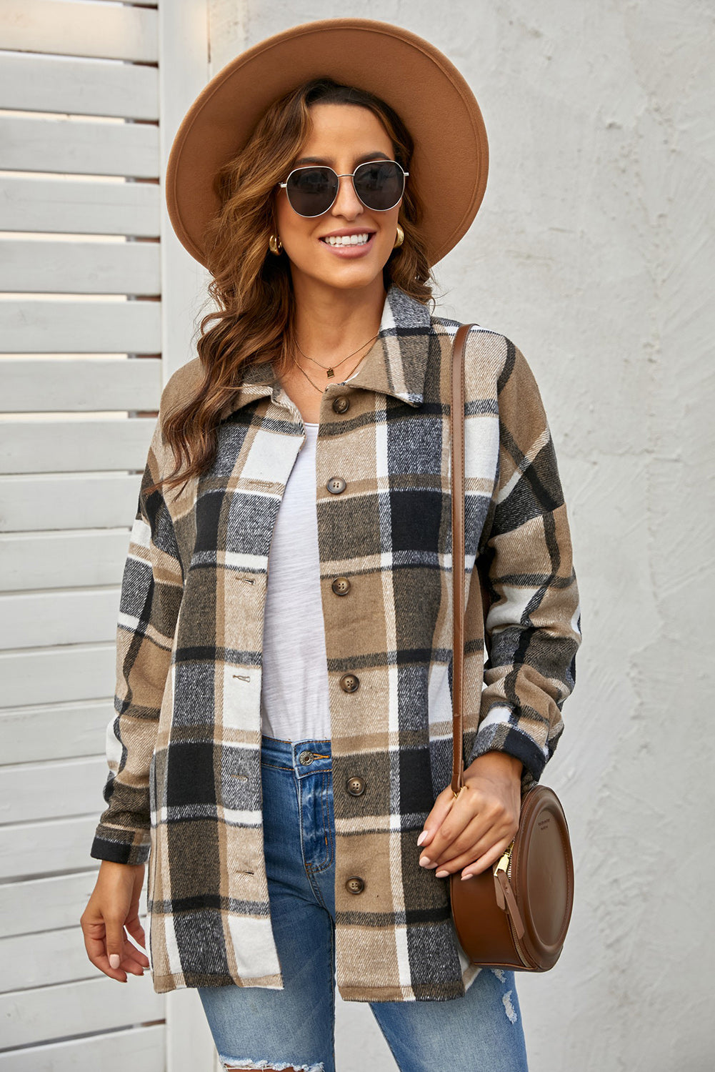 Women's Shirt Jacket Featuring Women's Brown Plaid Print Button-Front