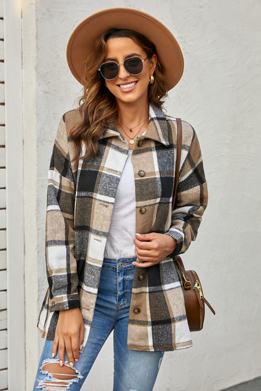Women's Shirt Jacket Featuring Women's Brown Plaid Print Button-Front