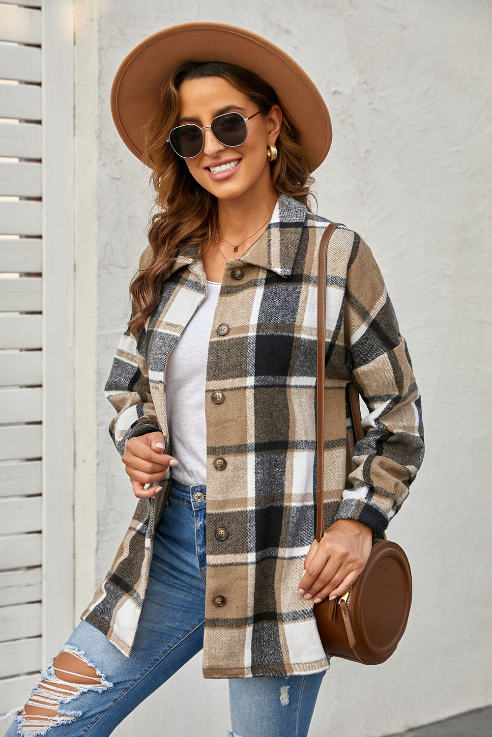 Women's Shirt Jacket Featuring Women's Brown Plaid Print Button-Front