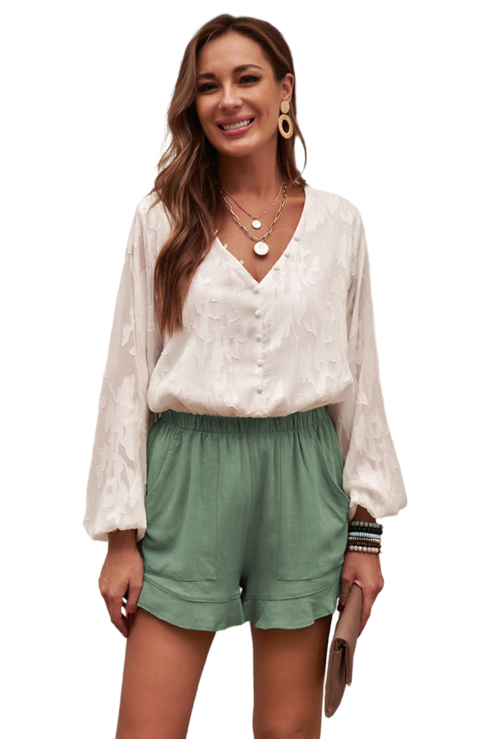 Women's Women's Summer Pocket-Detail Flutter Green Linen Cotton Shorts