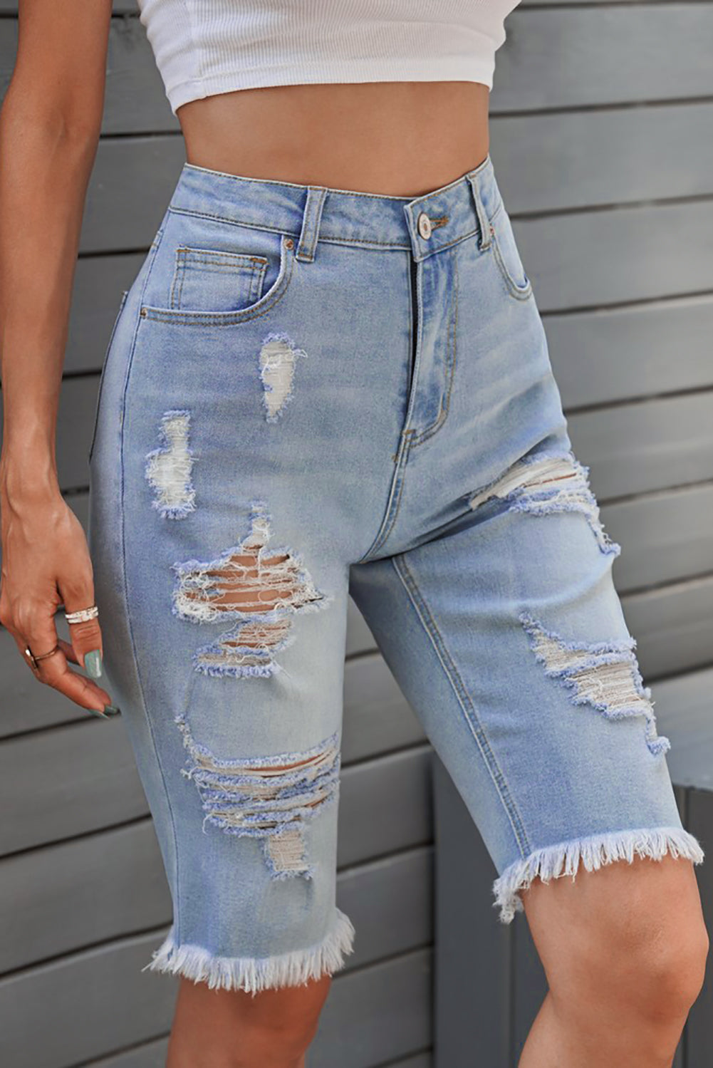 Women's Light Blue Distressed Jeans Bermuda Women's Fashion Shorts