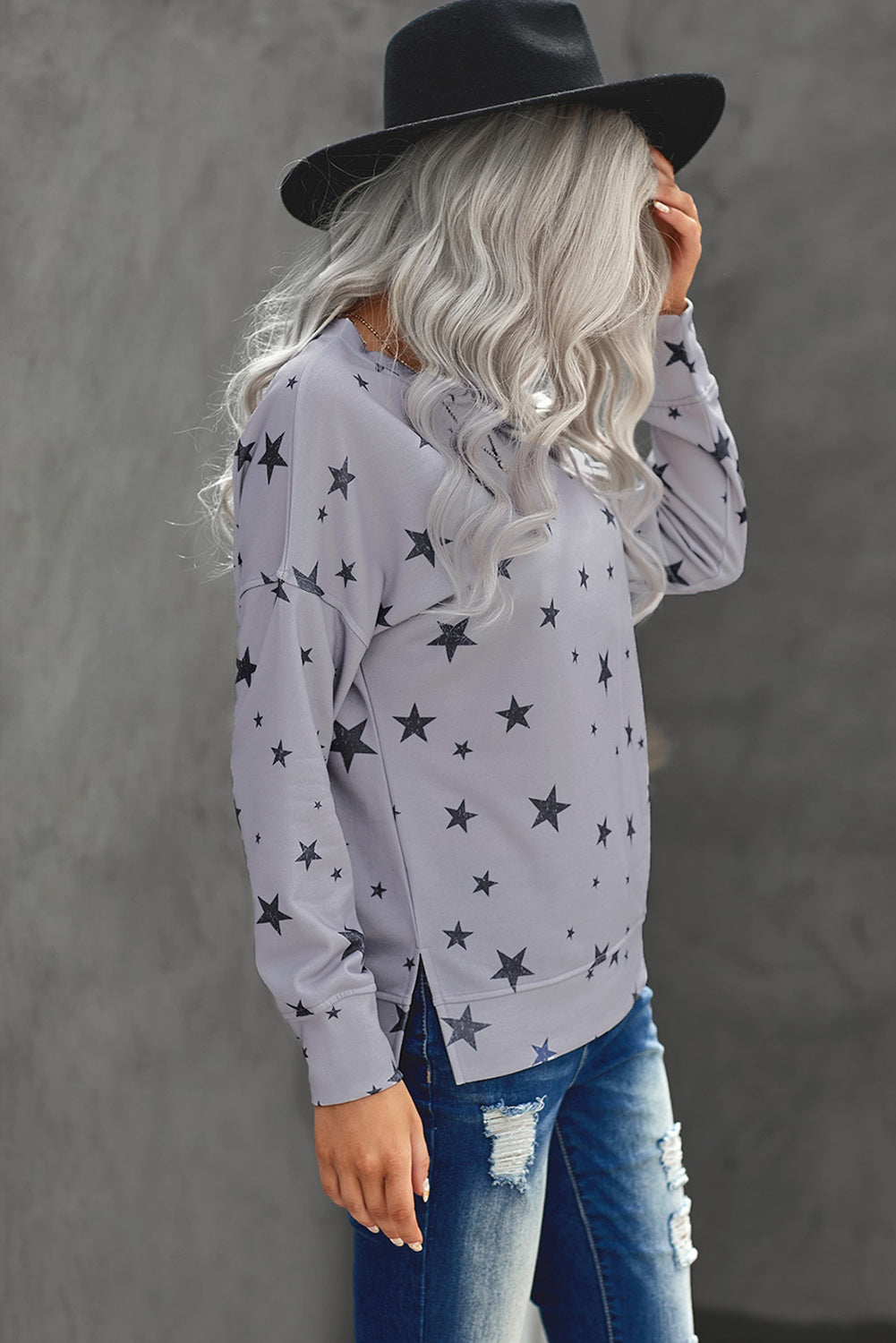 Women's Top Featuring Star Print Everyday Long-Sleeve Women's Gray Round Neck
