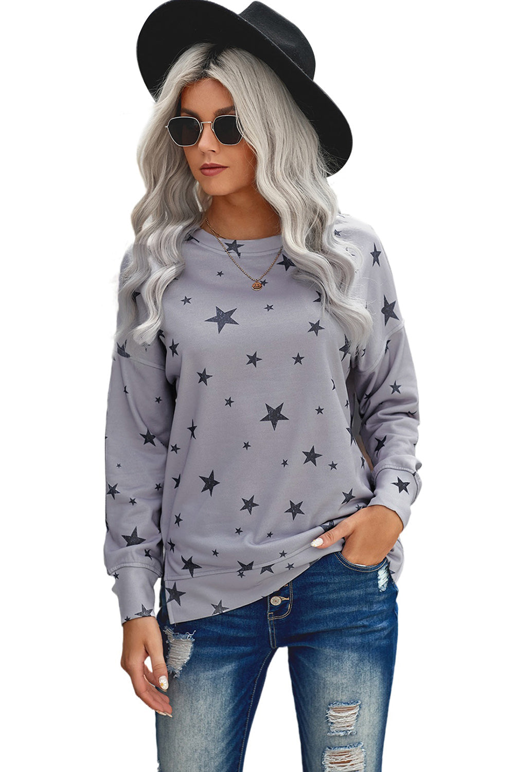 Women's Top Featuring Star Print Everyday Long-Sleeve Women's Gray Round Neck