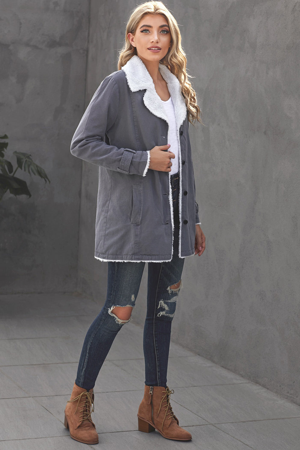 Women's Women's Gray Lapel Collar Button Fleece Jacket