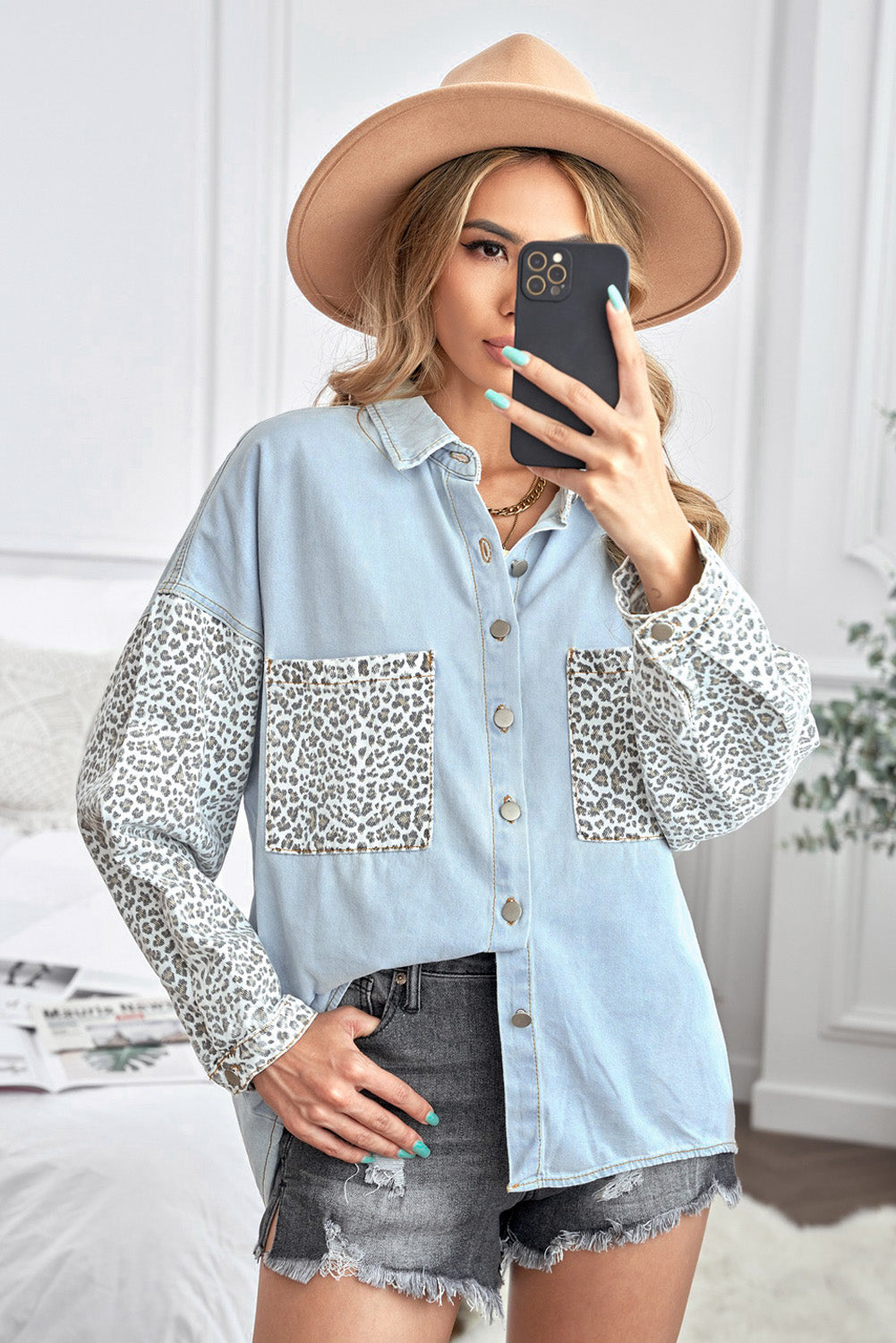 Women's Denim Jacket with Women's Sky Blue Contrast Leopard-Print