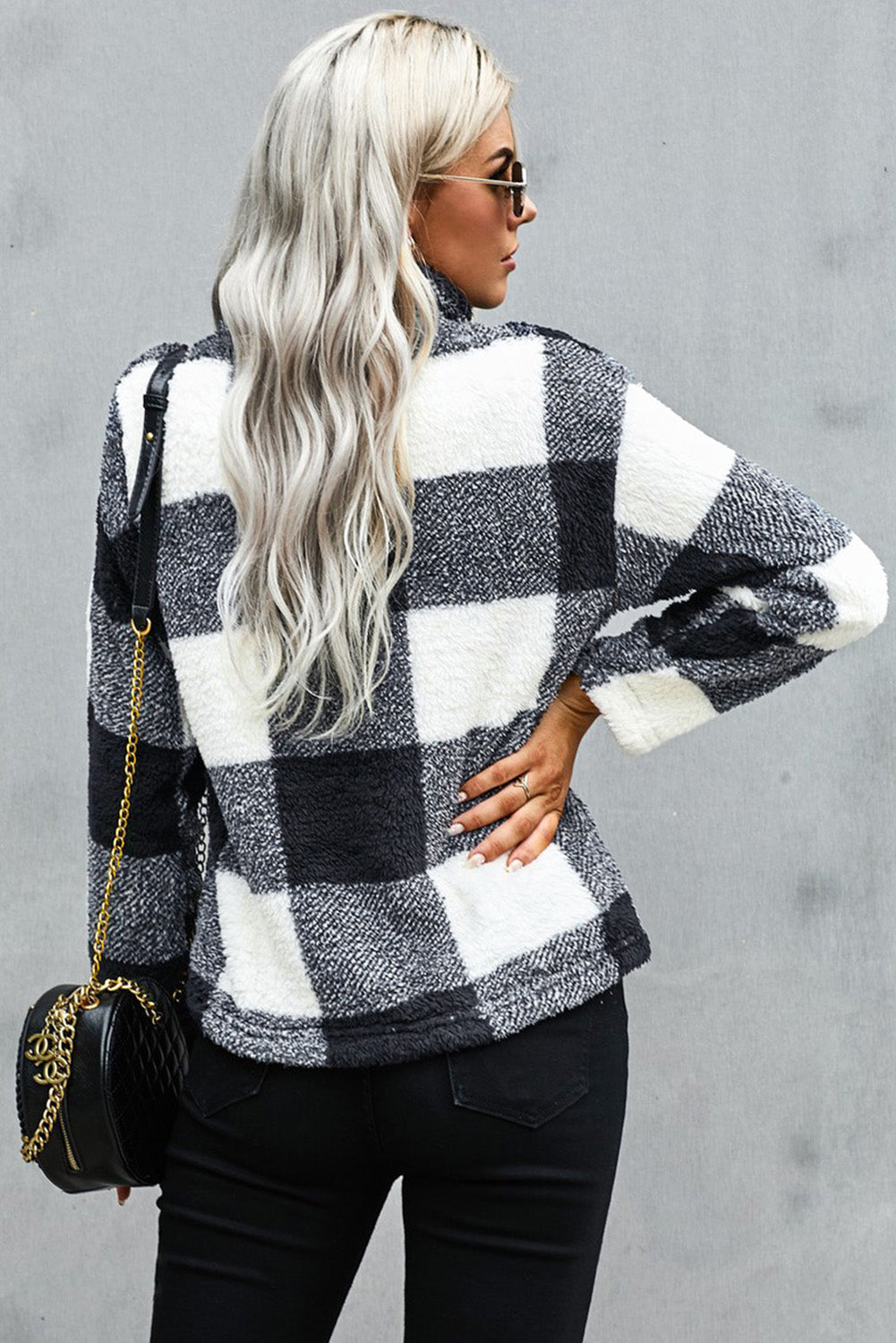 Pullover Sweatshirt for Women Zip Collar Plush Women's Winter Black Plaid