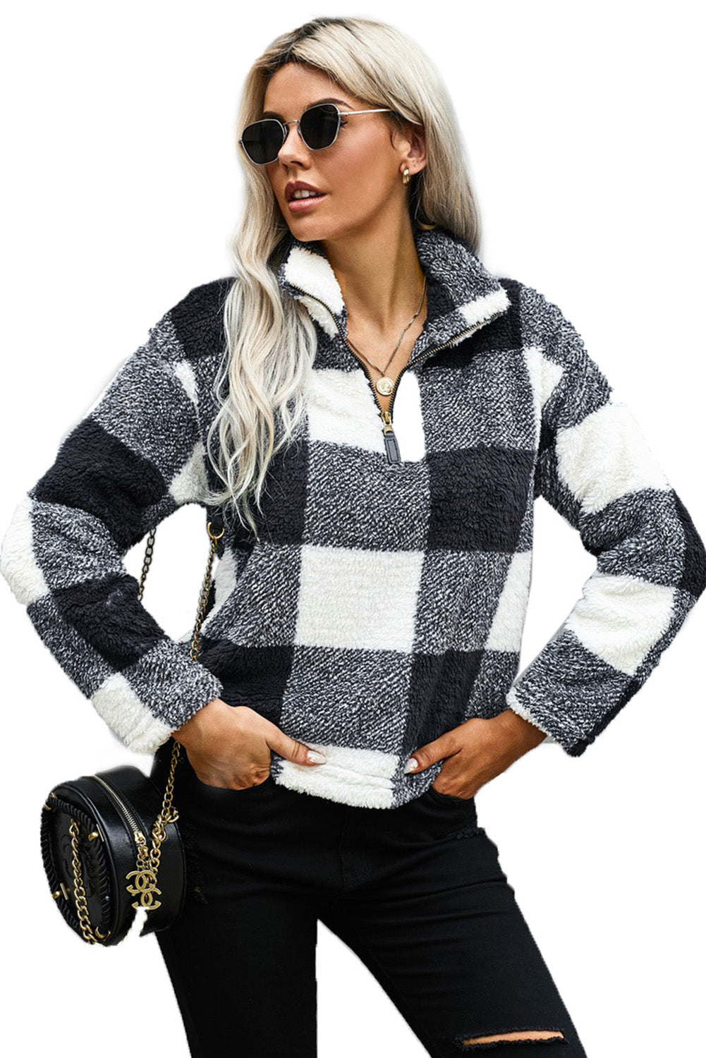 Pullover Sweatshirt for Women Zip Collar Plush Women's Winter Black Plaid
