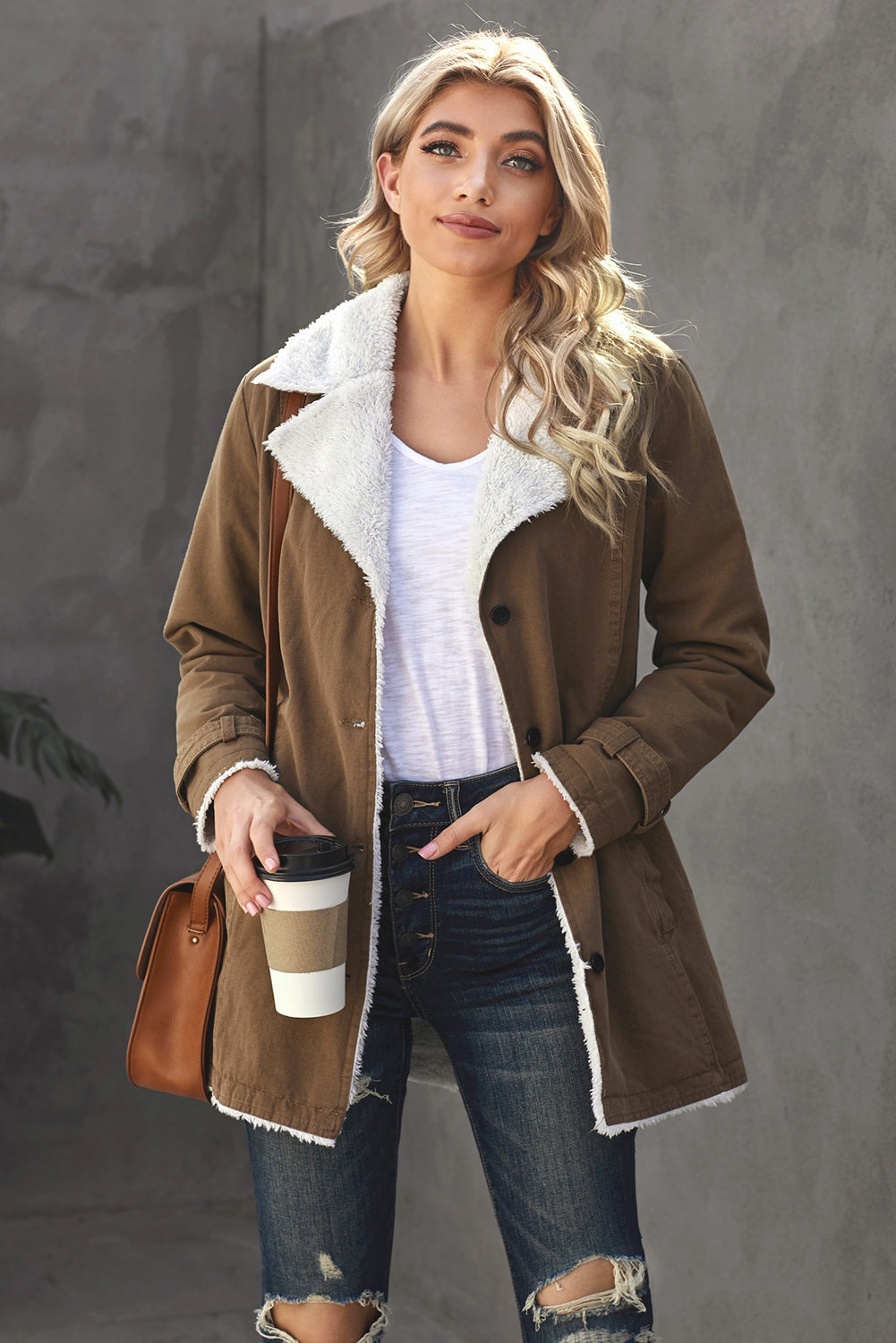 Women's Jacket with Women's Winter Khaki Lapel Collar Button Fleece