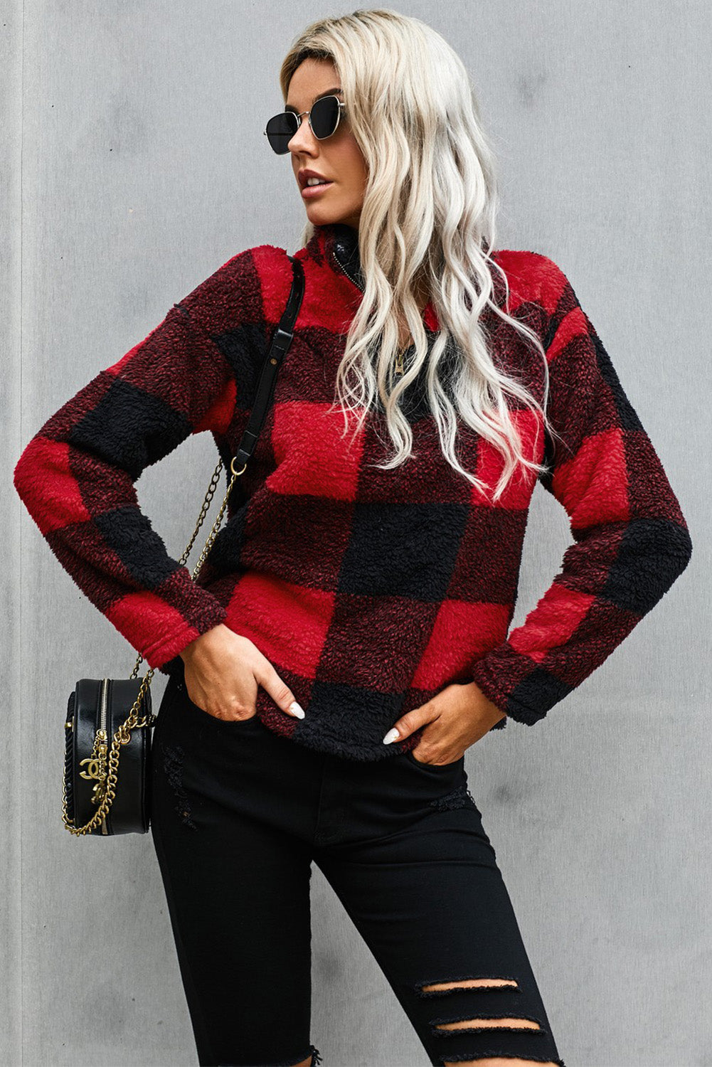 Pullover Sweatshirt for Women Red Plaid Zip Collar Plush Women's Winter
