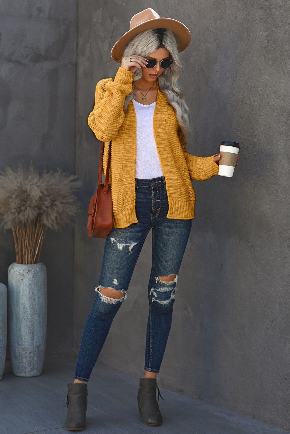 Women's Knit Cardigan with Women's Yellow Open Front Chunky