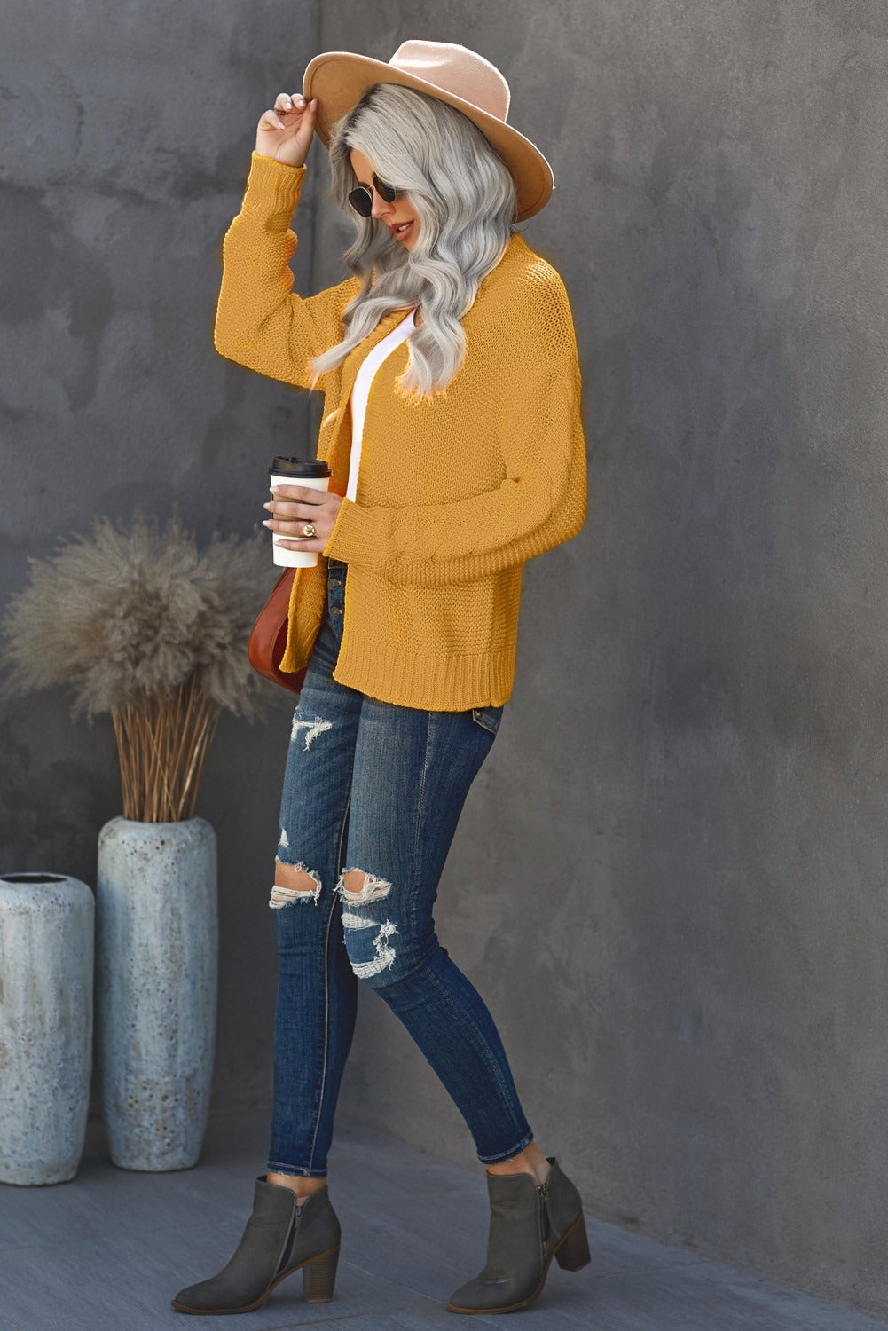 Women's Knit Cardigan with Women's Yellow Open Front Chunky