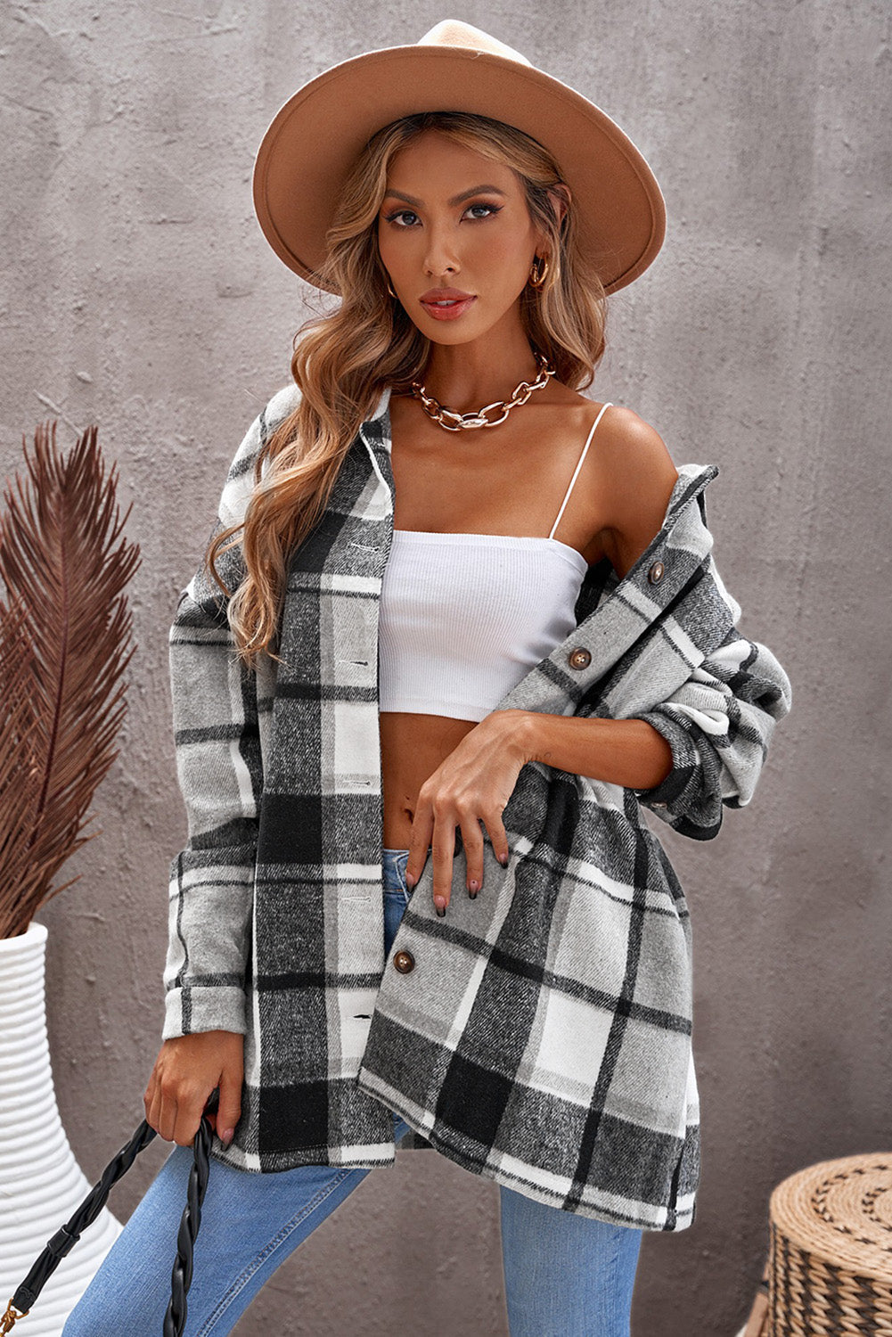 Shirt Jacket for Women Gray Plaid Print