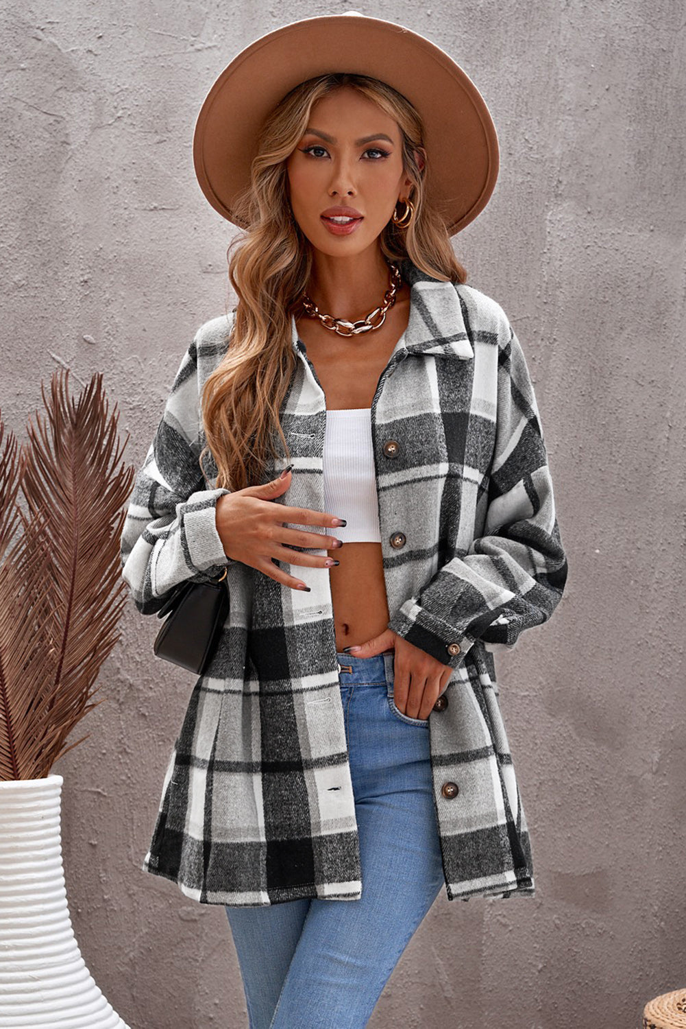 Shirt Jacket for Women Gray Plaid Print