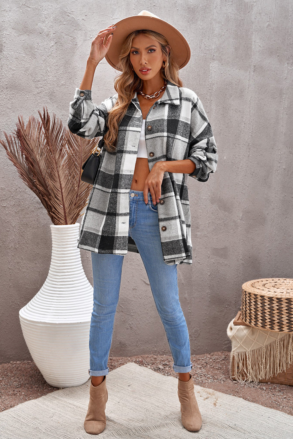 Shirt Jacket for Women Gray Plaid Print