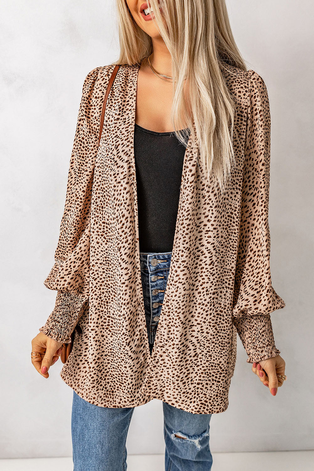 Cardigan for Women Animal Print Shirred Apricot Cuff Lantern Sleeve