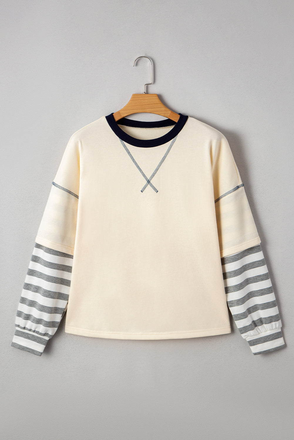 Long-Sleeved Striped Patchwork Round-Neck Two-in-one Top in Beige
