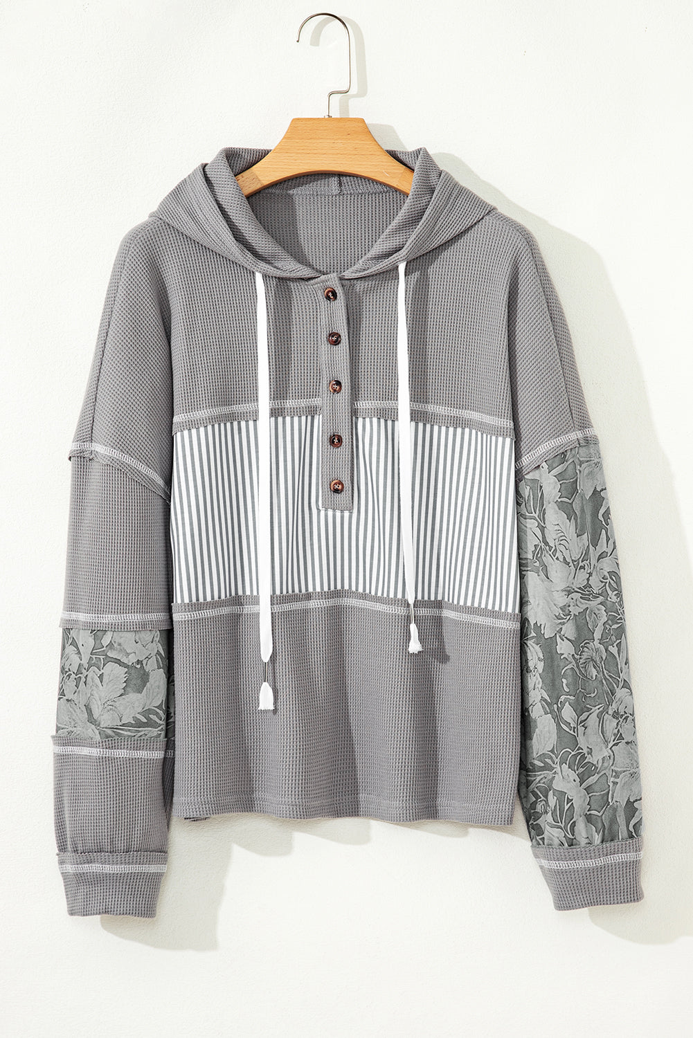 Printed Patchwork Waffle Patchwork Drawcord Hooded Long-Sleeved Top