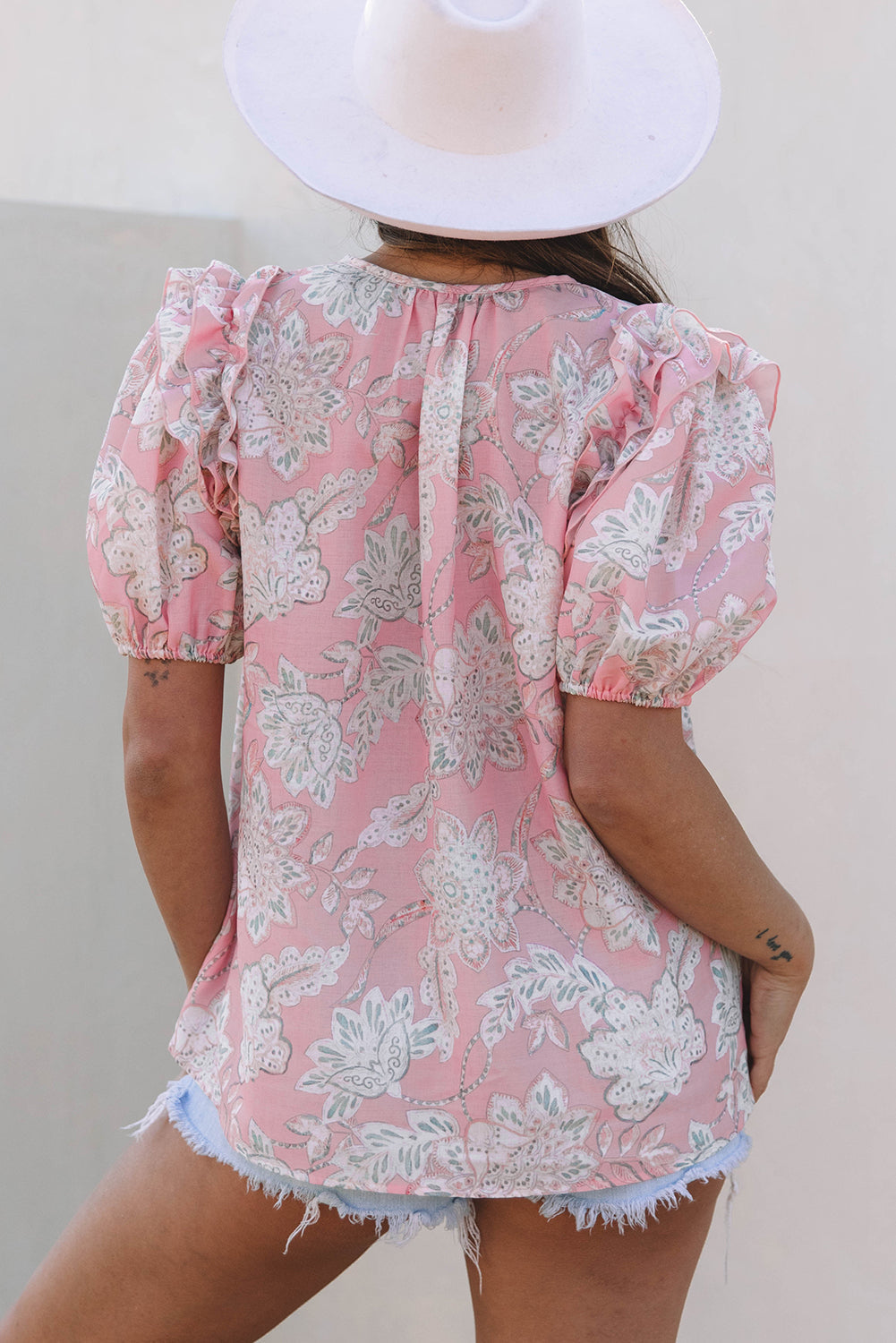 Floral-Print Puff Drawcord V-Neck Sleeve Loose Blouse