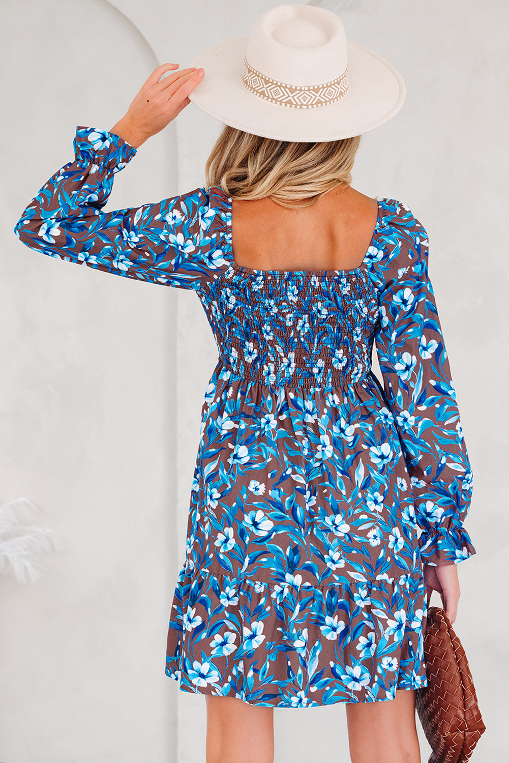 Smocked Bodice High-Waisted Ruffled Sleeve Floral Dress