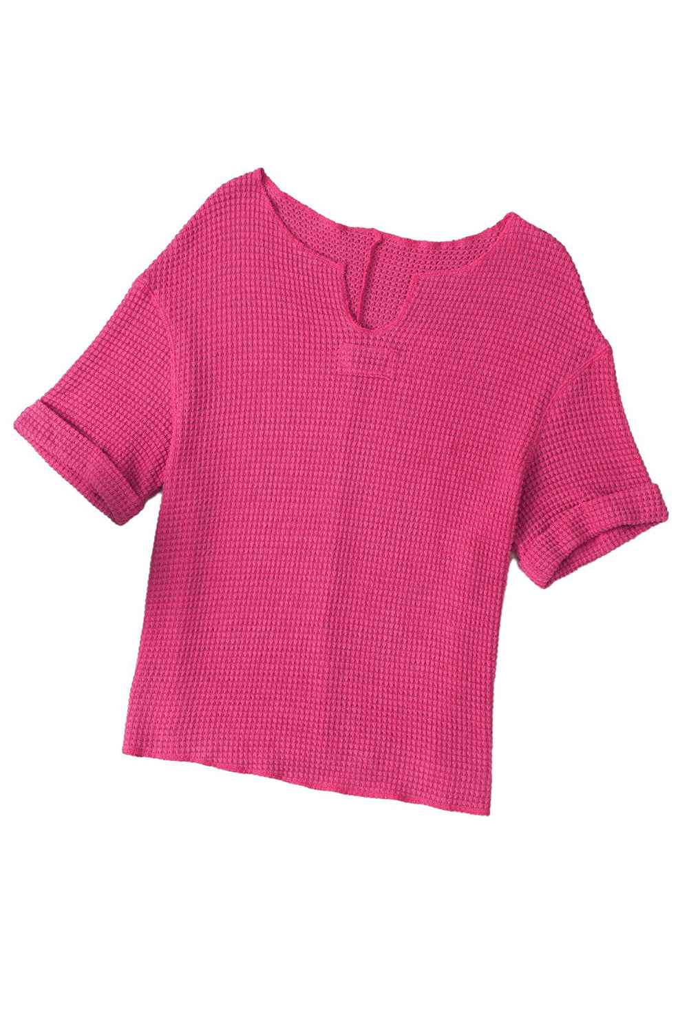 Haut à manches courtes et revers en tricot texturé rose fraise à col fendu