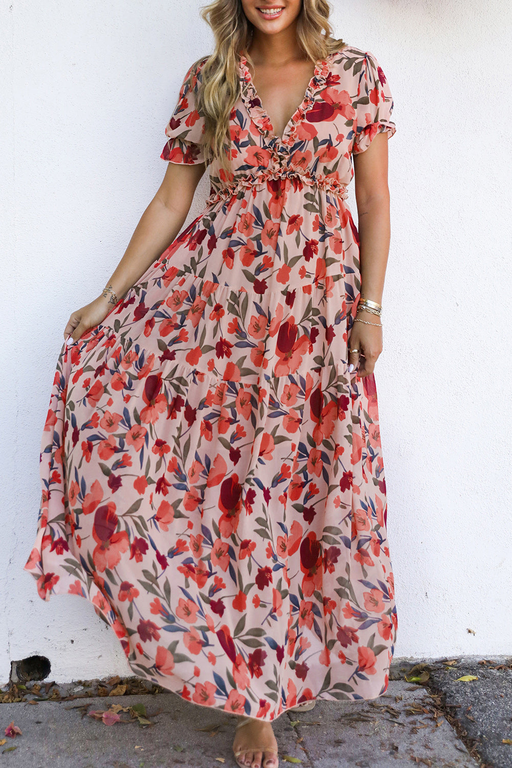 V-Neck Floral-Print Frilled Short-Sleeved Maxi Dress in Red